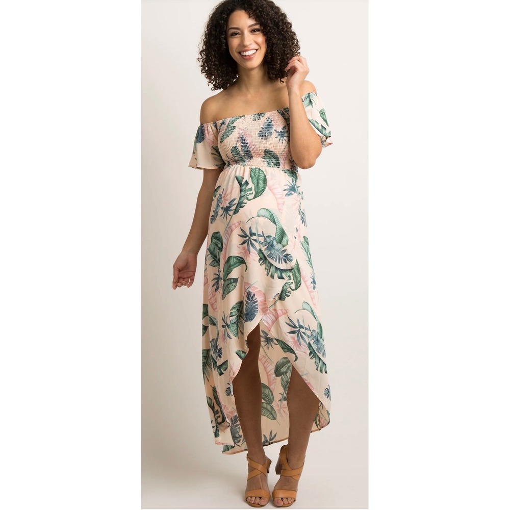 PinkBlush Maternity Tropical Leaf Smocked High Low Dress Peach Green Medium